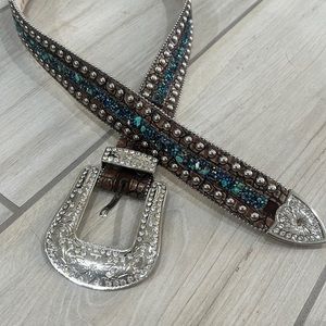 Turquoise Western Rhinestone Sparkly Silver Belt